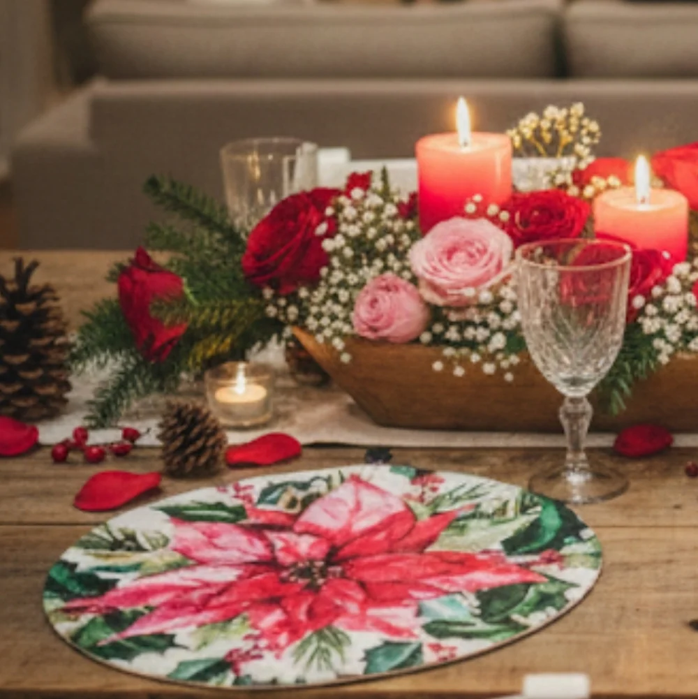 Rachel Ashwell Farmhouse Placemats Poinsettia 100% Cotton Set Of 4  Christmas